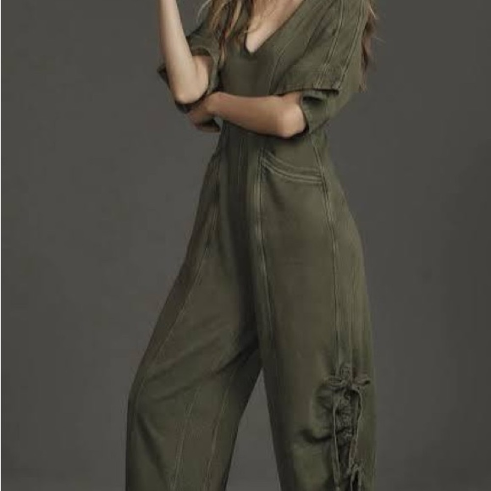 Daily Practice by Anthropologie Horizon Wide-Leg Jumpsuit V Neck Olive Green S